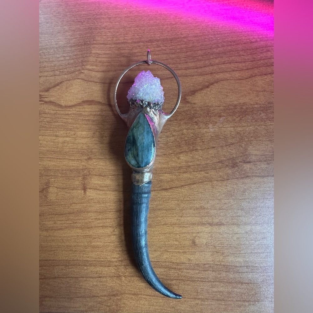 Stunning and Massive Crystal and Labradorite Copper Pendant with genuine Horn